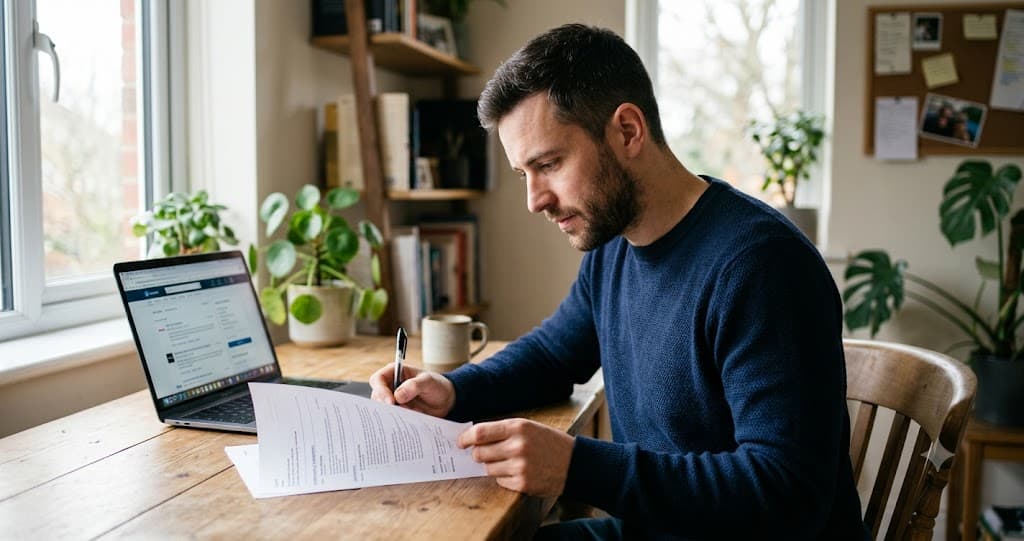 Healthcare worker reviewing a CV with a laptop and notepad on a desk