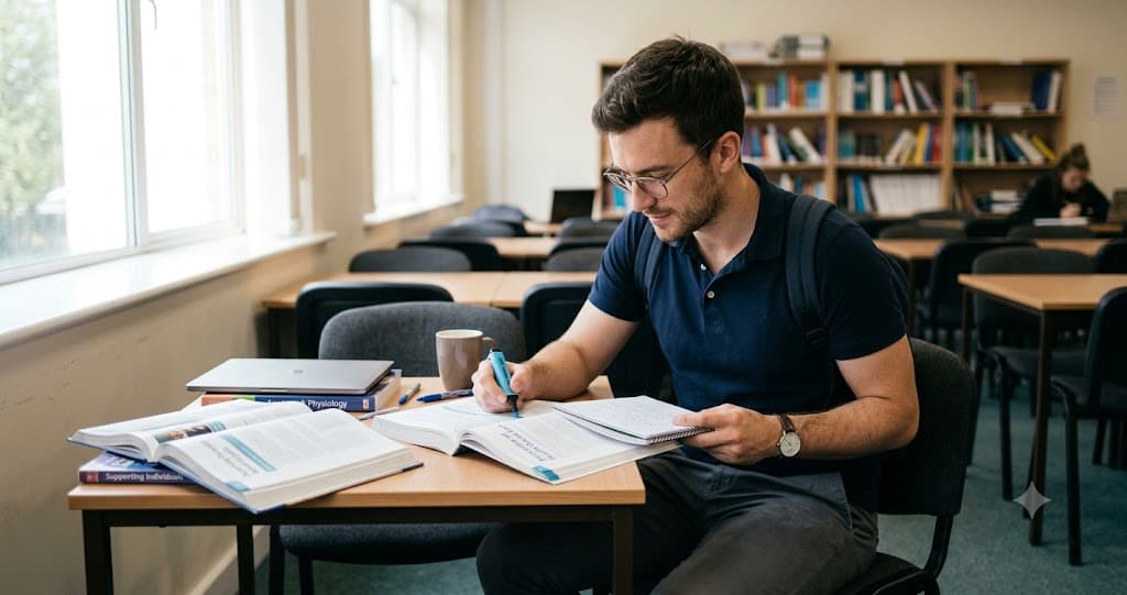 Home care worker studying course materials and taking notes for a Health and Social Care qualification