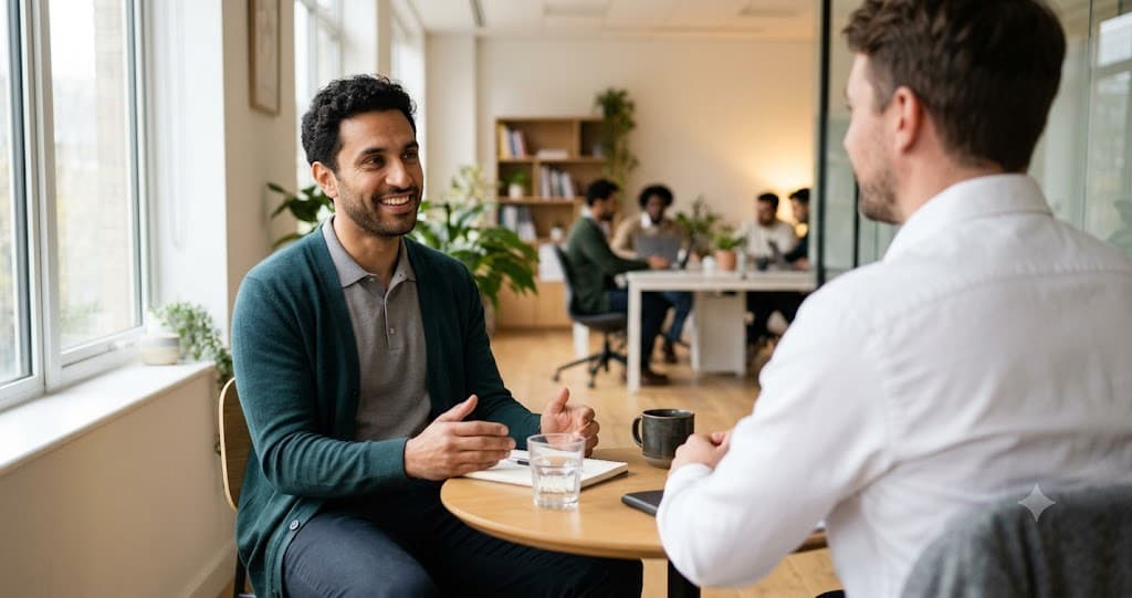 Home carer sitting across from an interviewer, smiling during a job interview