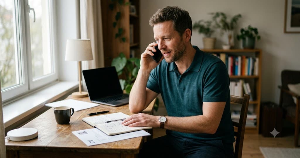 Home care worker sitting at a desk with a notepad and CV, preparing to take a telephone interview call