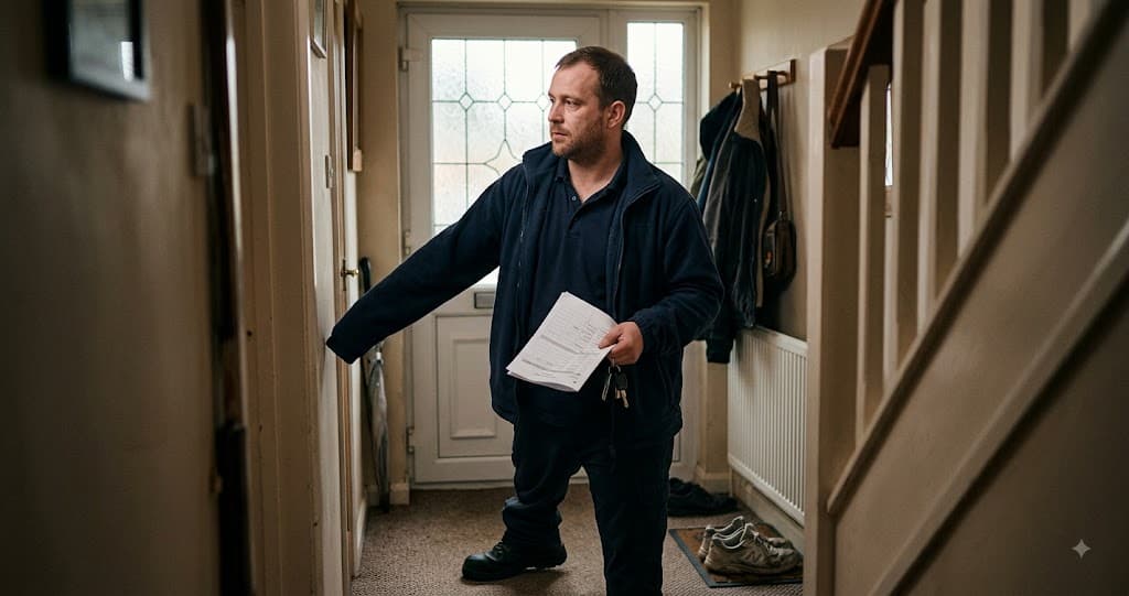Male care worker supporting an older man at home