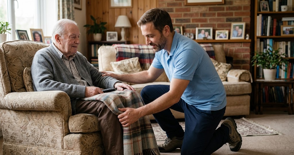 Carer demonstrating patience and compassion while supporting a client at home
