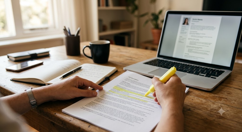 Carer reading a job description and highlighting key requirements
