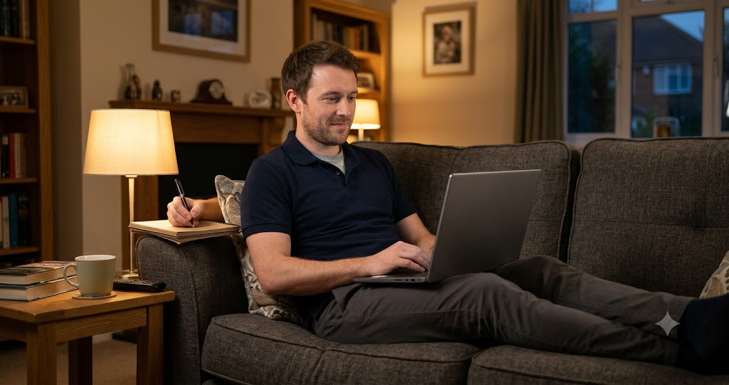 Home care worker studying course materials and taking notes for a Health and Social Care qualification