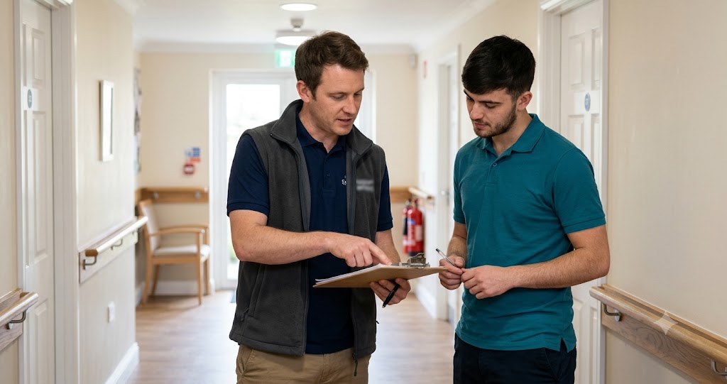 Senior care worker leading a handover discussion with a colleague using a clipboard