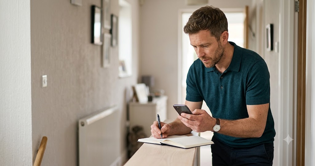 Home carer checking the date and time of an upcoming telephone interview in a diary