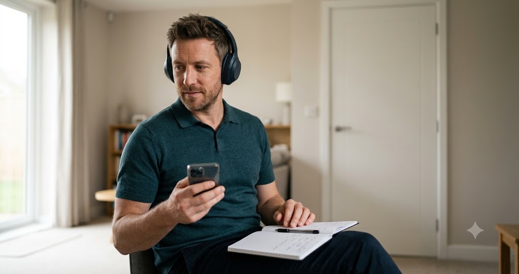 Home carer sitting in a quiet, distraction-free room ready to take a telephone interview call