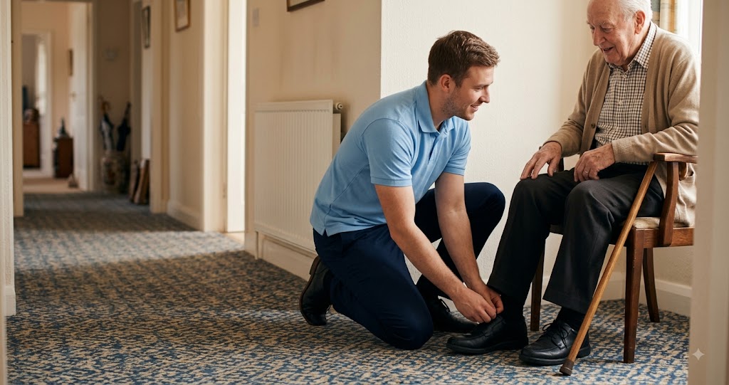 Male care worker helping an older man prepare a meal in a home kitchen
