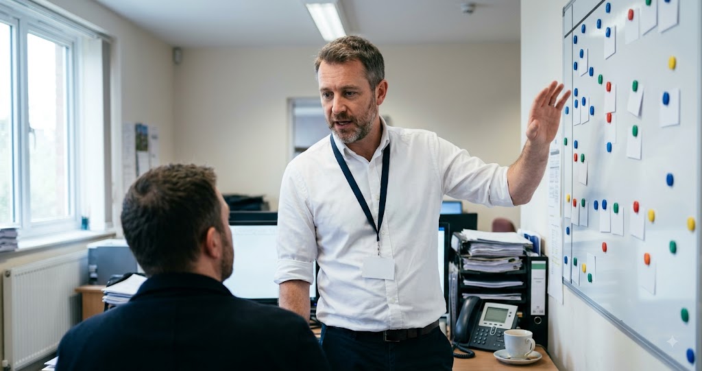 Male care manager reviewing documents with a colleague in an office
